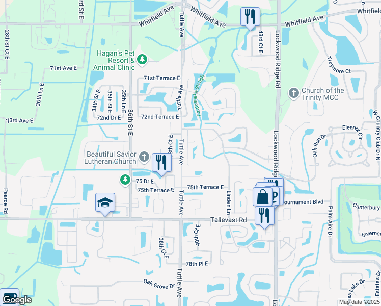 map of restaurants, bars, coffee shops, grocery stores, and more near 7439 39th Court East in Sarasota