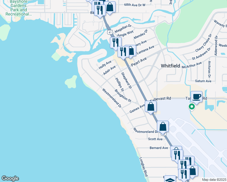 map of restaurants, bars, coffee shops, grocery stores, and more near 14 Whitfield Avenue in Sarasota