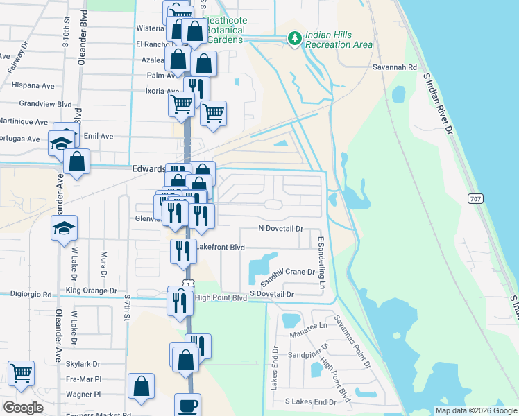 map of restaurants, bars, coffee shops, grocery stores, and more near 86 Sandhill Boulevard in Fort Pierce