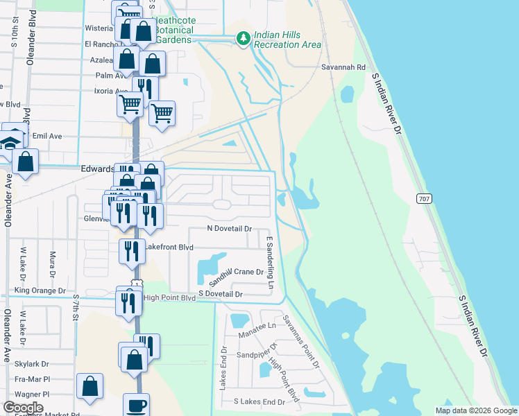 map of restaurants, bars, coffee shops, grocery stores, and more near 1762 South Dovetail Drive in Fort Pierce