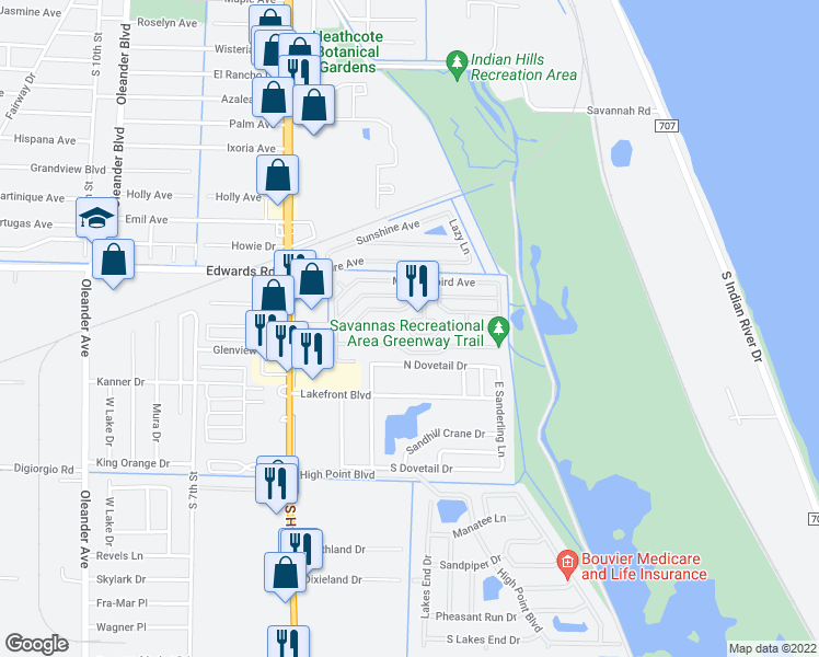map of restaurants, bars, coffee shops, grocery stores, and more near Sandhill Boulevard in Fort Pierce