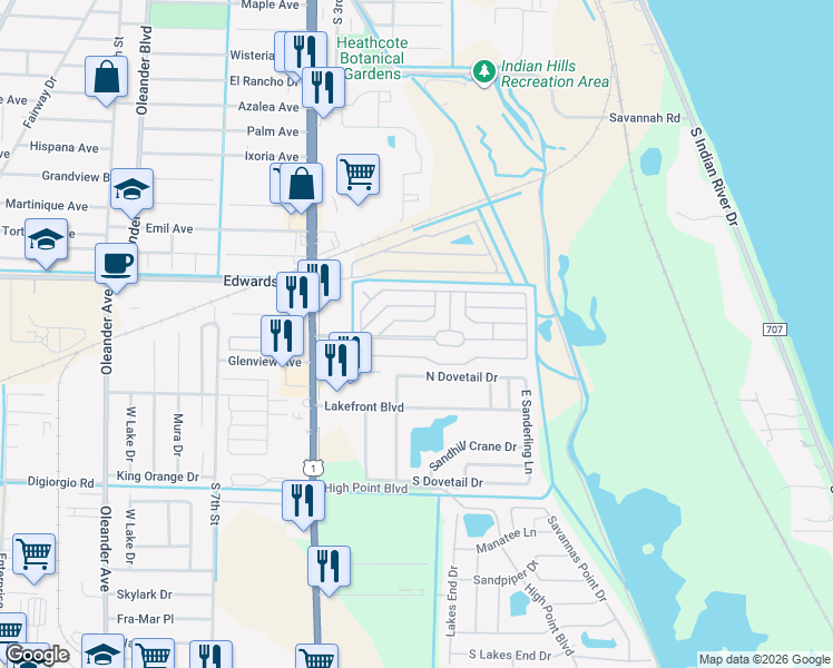 map of restaurants, bars, coffee shops, grocery stores, and more near 100-205 Flamingo Avenue in Fort Pierce