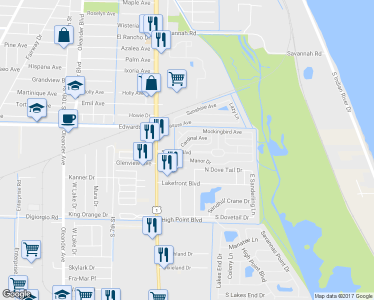 map of restaurants, bars, coffee shops, grocery stores, and more near 100 Flamingo Avenue in Fort Pierce