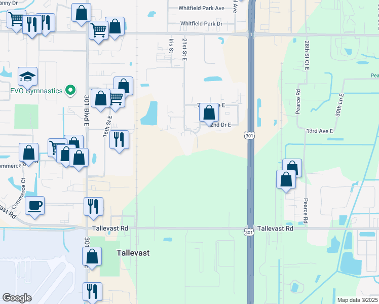 map of restaurants, bars, coffee shops, grocery stores, and more near 2240 72nd Terrace East in Sarasota