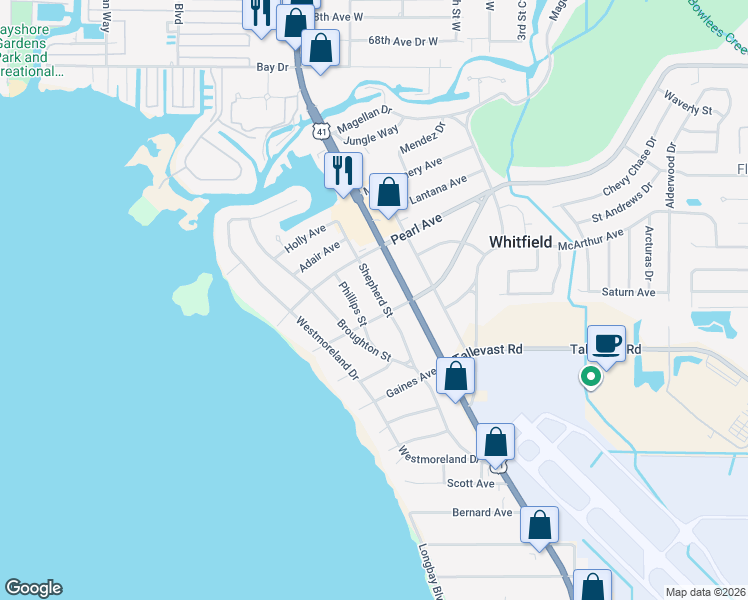map of restaurants, bars, coffee shops, grocery stores, and more near 7338 Shepherd Street in Sarasota