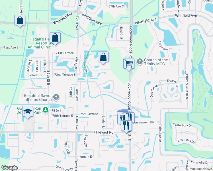 map of restaurants, bars, coffee shops, grocery stores, and more near 4206 73rd Terrace East in Sarasota