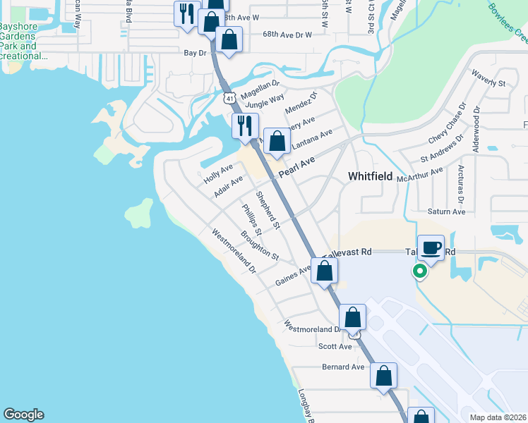 map of restaurants, bars, coffee shops, grocery stores, and more near 7330 Shepherd Street in Sarasota