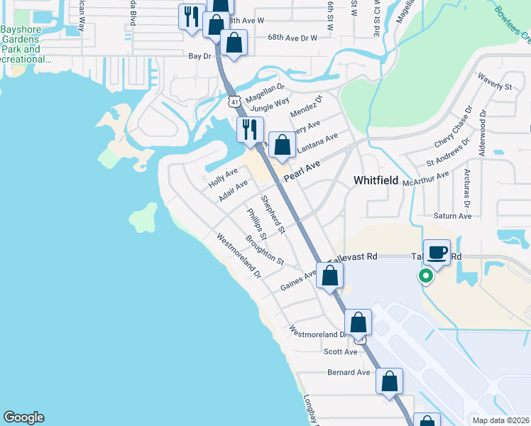 map of restaurants, bars, coffee shops, grocery stores, and more near 7338 Shepherd Street in Sarasota