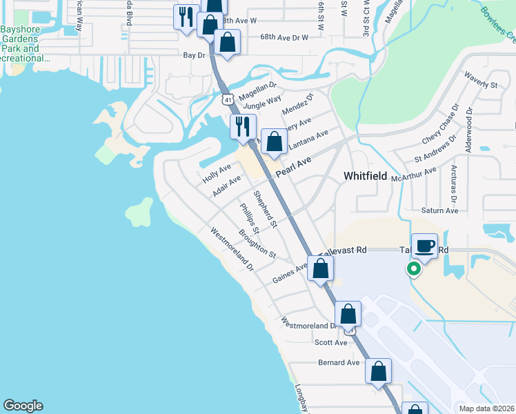 map of restaurants, bars, coffee shops, grocery stores, and more near 7338 Shepherd Street in Sarasota