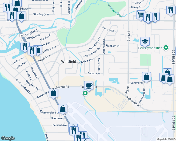 map of restaurants, bars, coffee shops, grocery stores, and more near 7309 Meadowbrook Drive in Sarasota