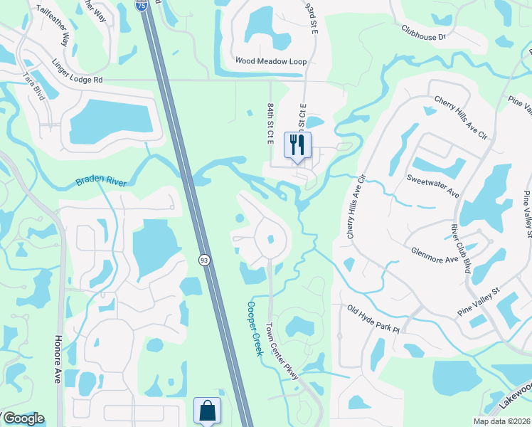 map of restaurants, bars, coffee shops, grocery stores, and more near 365 Black Walnut Way in Bradenton