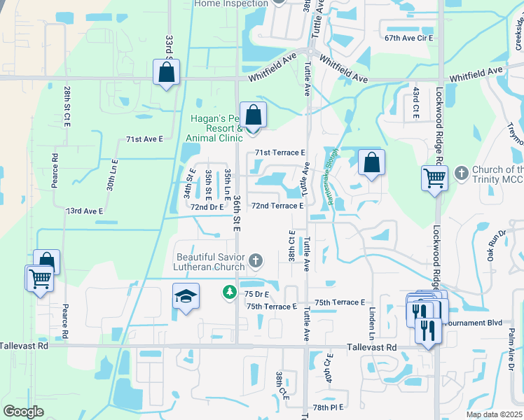 map of restaurants, bars, coffee shops, grocery stores, and more near 3612 72nd Terrace East in Sarasota