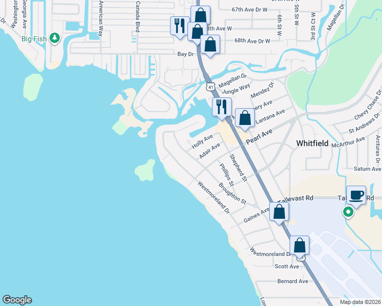 map of restaurants, bars, coffee shops, grocery stores, and more near 7311 Broughton Street in Sarasota