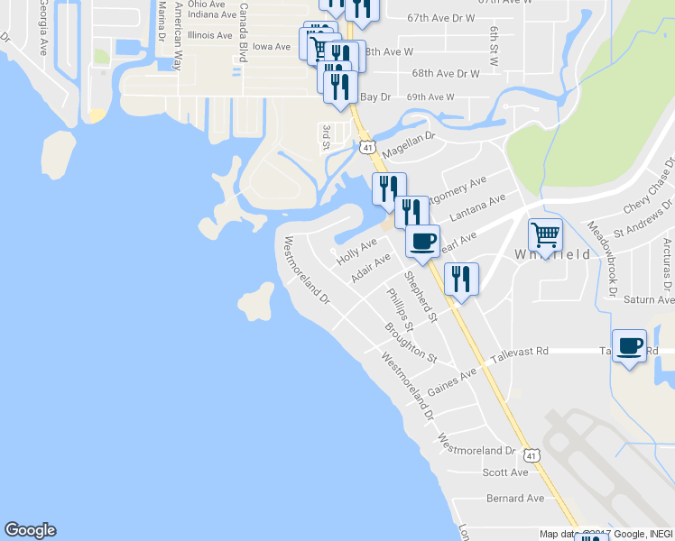 map of restaurants, bars, coffee shops, grocery stores, and more near 7311 Broughton Street in Sarasota