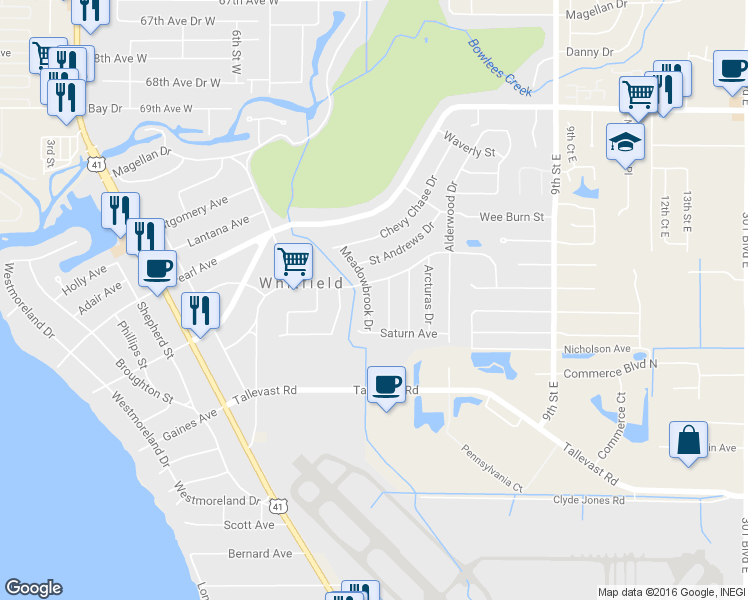 map of restaurants, bars, coffee shops, grocery stores, and more near 7309 Meadowbrook Drive in Sarasota