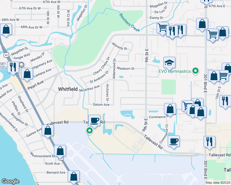 map of restaurants, bars, coffee shops, grocery stores, and more near 7301 Arcturas Drive in Sarasota