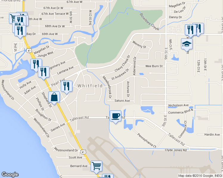 map of restaurants, bars, coffee shops, grocery stores, and more near 7309 Meadowbrook Drive in Sarasota