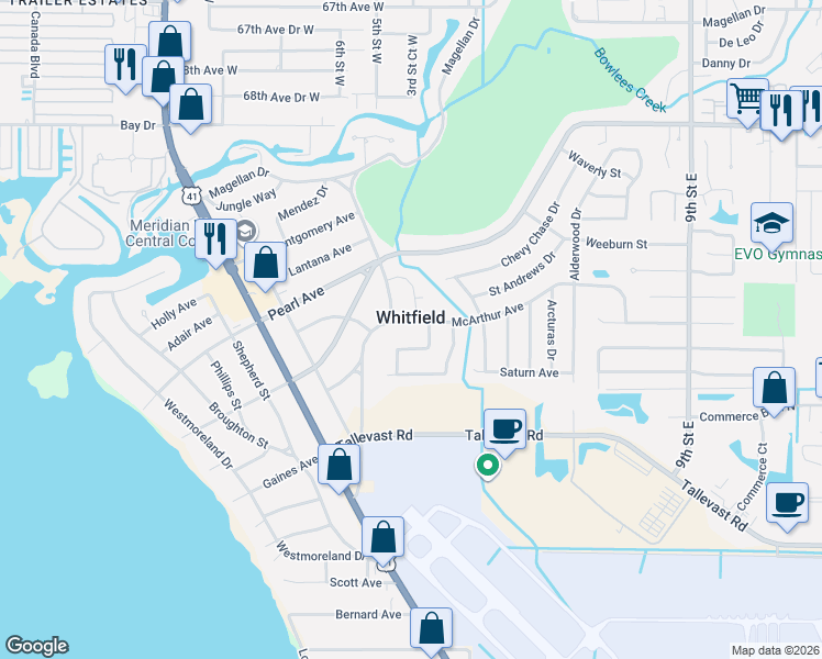 map of restaurants, bars, coffee shops, grocery stores, and more near 7326 Uranus Drive in Sarasota