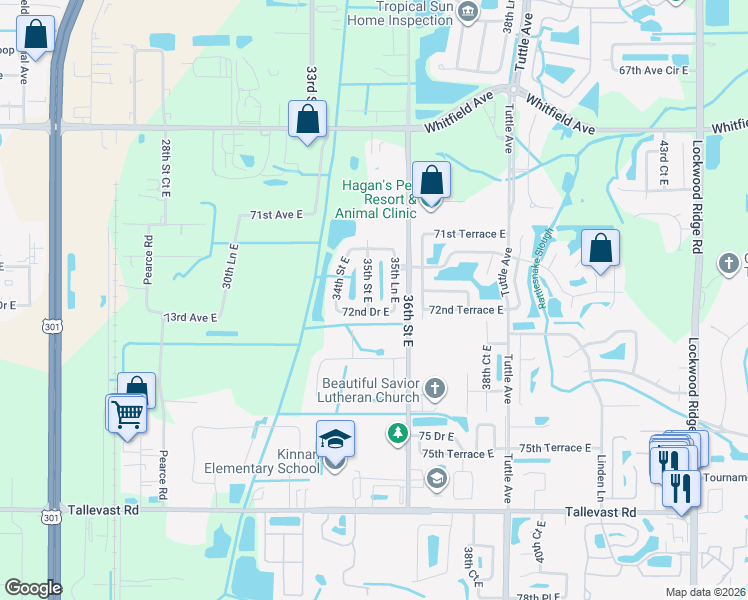 map of restaurants, bars, coffee shops, grocery stores, and more near 3504 72nd Drive East in Sarasota