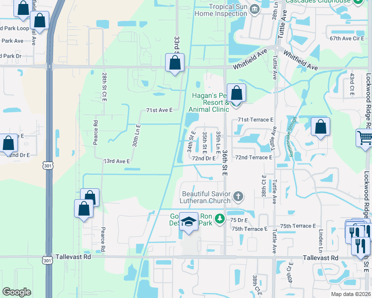 map of restaurants, bars, coffee shops, grocery stores, and more near 7128 34th Street East in Sarasota