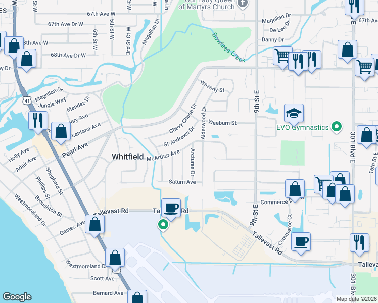 map of restaurants, bars, coffee shops, grocery stores, and more near 7205 Arcturas Drive in Sarasota