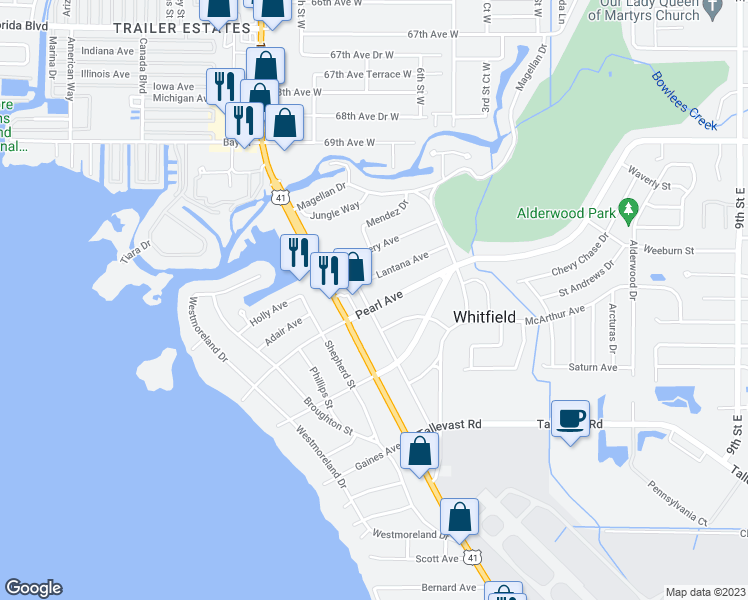 map of restaurants, bars, coffee shops, grocery stores, and more near 313 Pearl Avenue in Sarasota