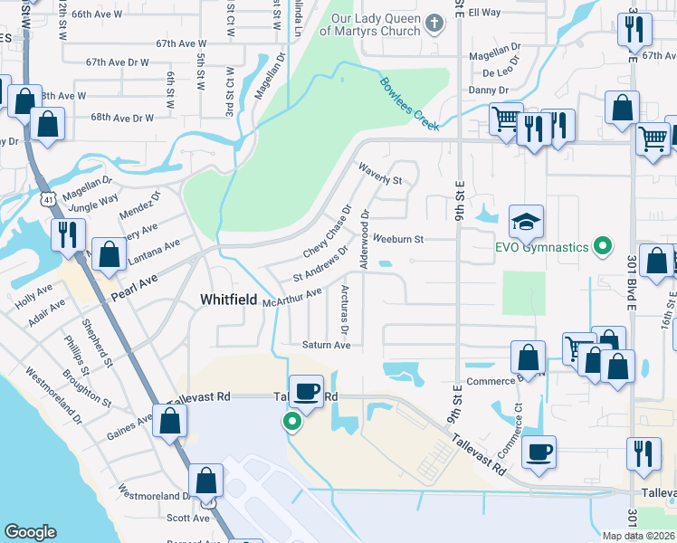 map of restaurants, bars, coffee shops, grocery stores, and more near 7209 Arcturas Drive in Sarasota