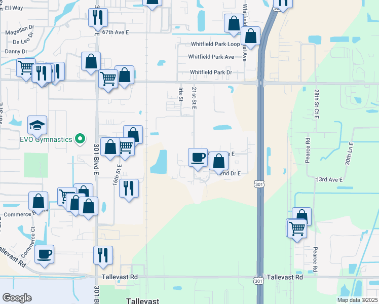map of restaurants, bars, coffee shops, grocery stores, and more near 7208 21st Street East in Sarasota