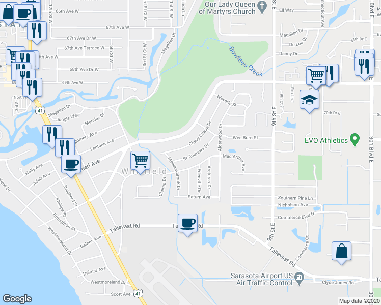 map of restaurants, bars, coffee shops, grocery stores, and more near 527 McArthur Avenue in Sarasota