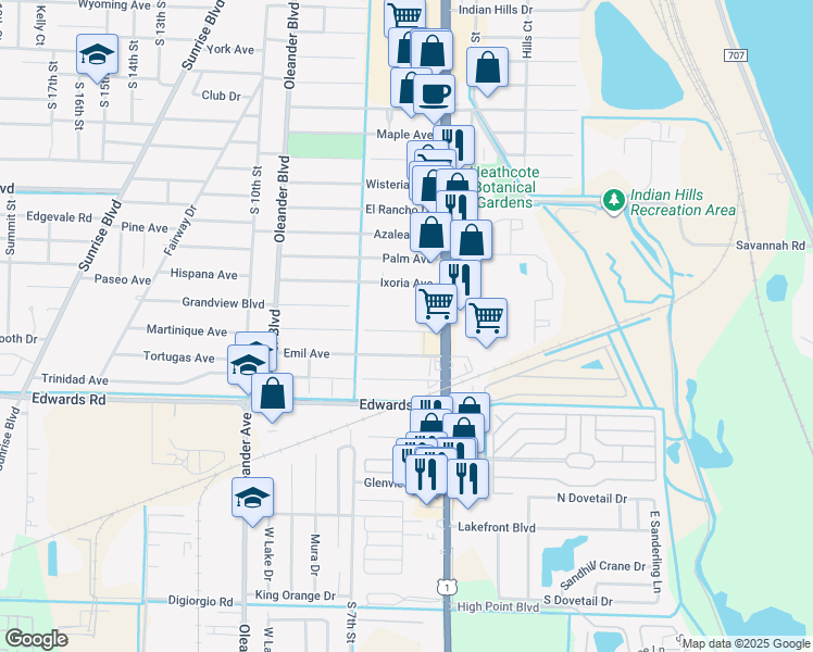 map of restaurants, bars, coffee shops, grocery stores, and more near 529 Ixoria Avenue in Fort Pierce