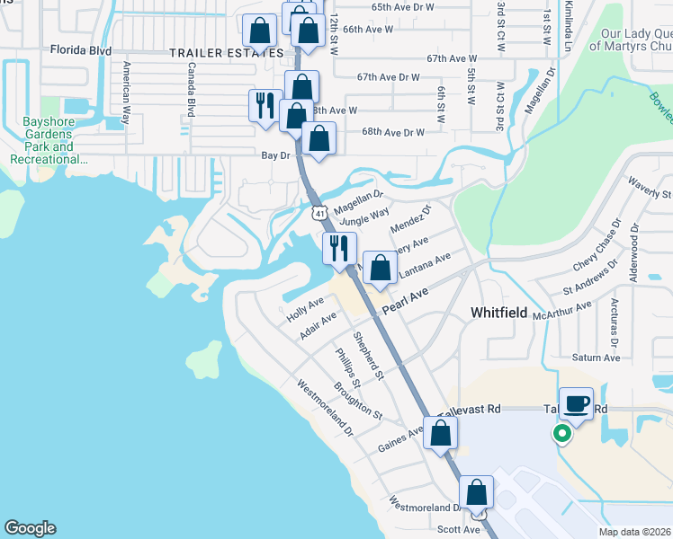 map of restaurants, bars, coffee shops, grocery stores, and more near 7150 North Tamiami Trail in Sarasota