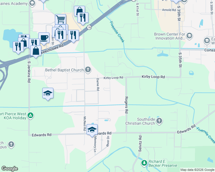 map of restaurants, bars, coffee shops, grocery stores, and more near 2853 Yates Road in Fort Pierce