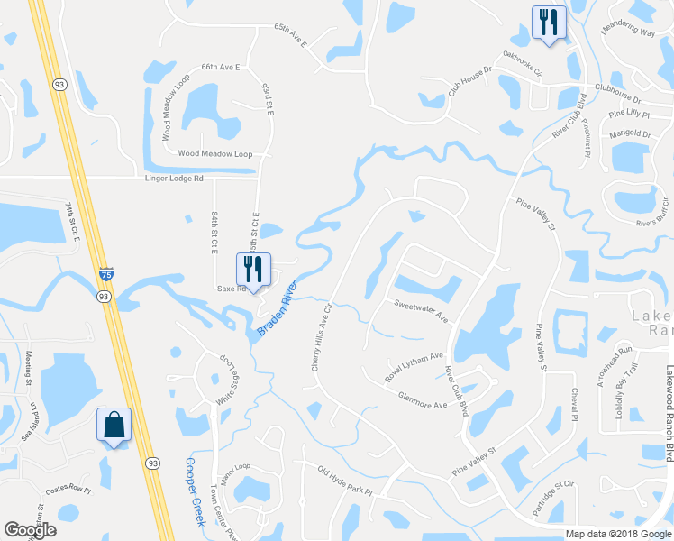 map of restaurants, bars, coffee shops, grocery stores, and more near 10001 Cherry Hills Avenue Circle in Bradenton