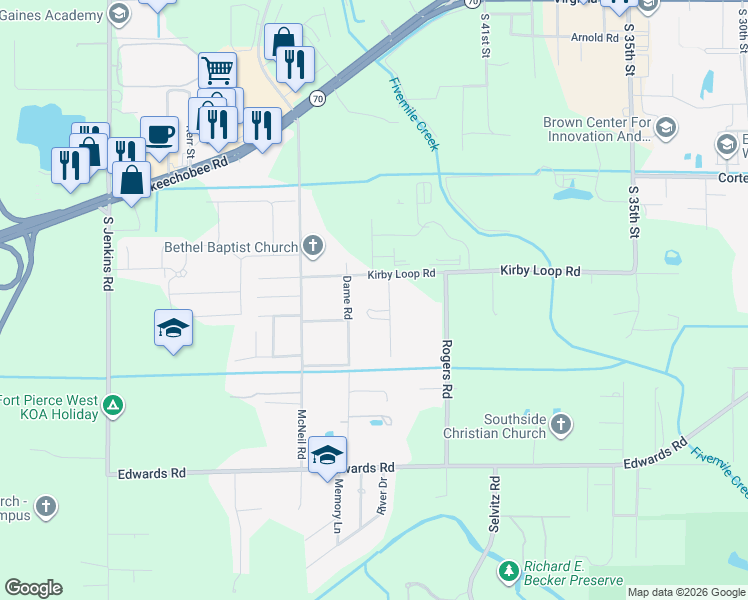 map of restaurants, bars, coffee shops, grocery stores, and more near 2853 Yates Road in Fort Pierce
