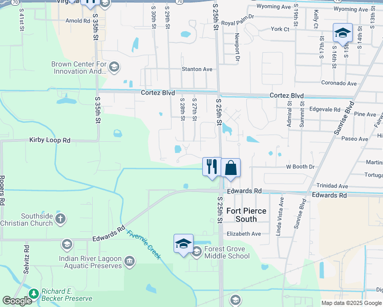 map of restaurants, bars, coffee shops, grocery stores, and more near 2607 Wildwood Lane in Fort Pierce