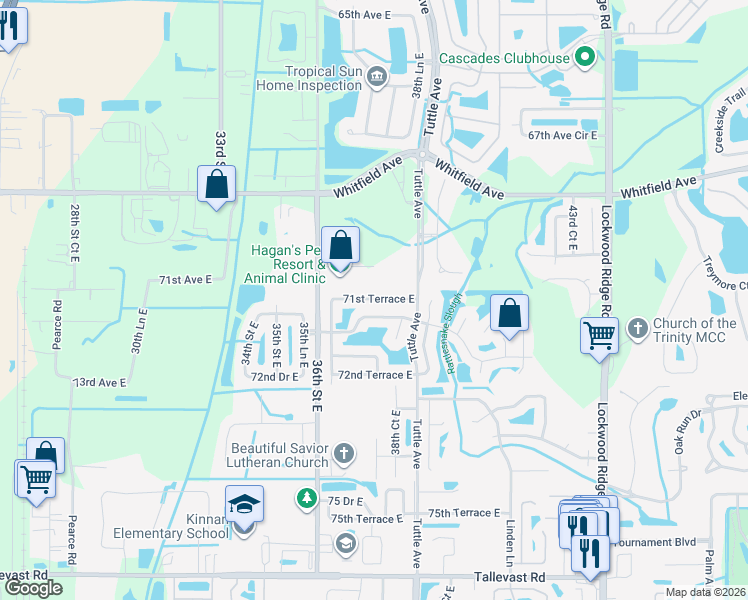 map of restaurants, bars, coffee shops, grocery stores, and more near 71st Terrace East in Sarasota