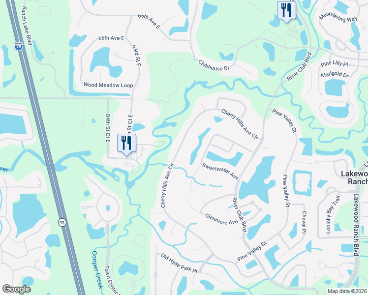 map of restaurants, bars, coffee shops, grocery stores, and more near 10001 Cherry Hills Avenue Circle in Bradenton