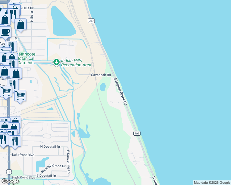 map of restaurants, bars, coffee shops, grocery stores, and more near 2827 South Indian River Drive in Fort Pierce