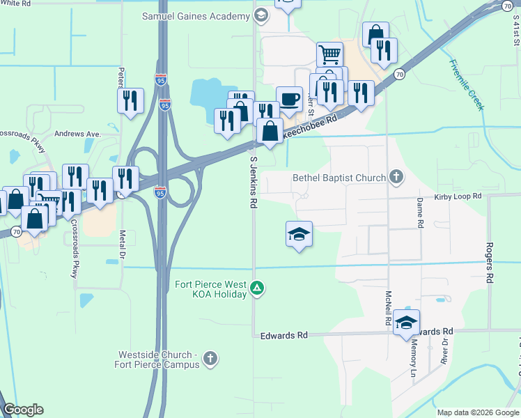 map of restaurants, bars, coffee shops, grocery stores, and more near 2850 South Jenkins Road in Fort Pierce