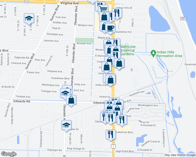 map of restaurants, bars, coffee shops, grocery stores, and more near 529 Ixoria Avenue in Fort Pierce