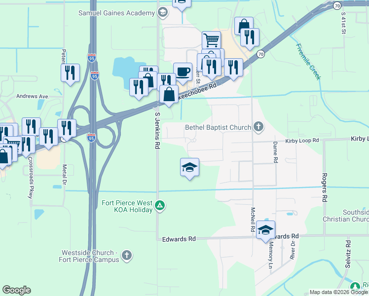 map of restaurants, bars, coffee shops, grocery stores, and more near 2850 South Jenkins Road in Fort Pierce