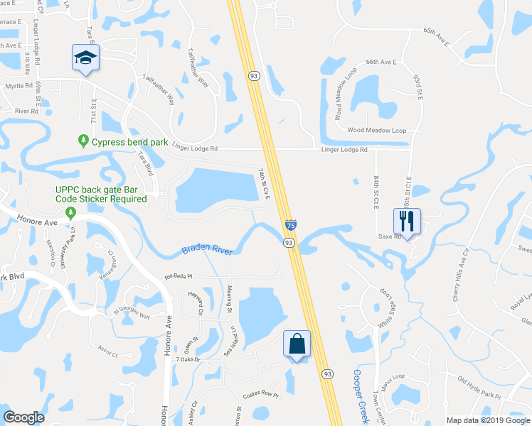 map of restaurants, bars, coffee shops, grocery stores, and more near 6965 74th Street Circle East in Bradenton