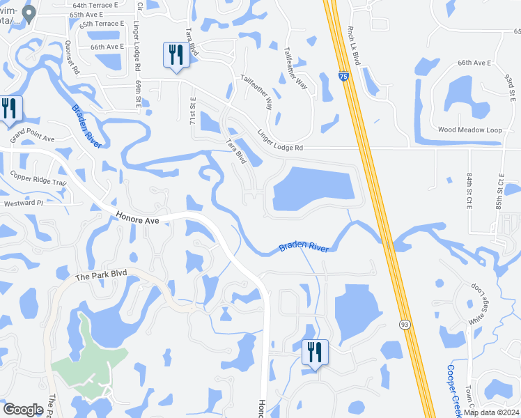 map of restaurants, bars, coffee shops, grocery stores, and more near 7033 74th Street Circle East in Bradenton