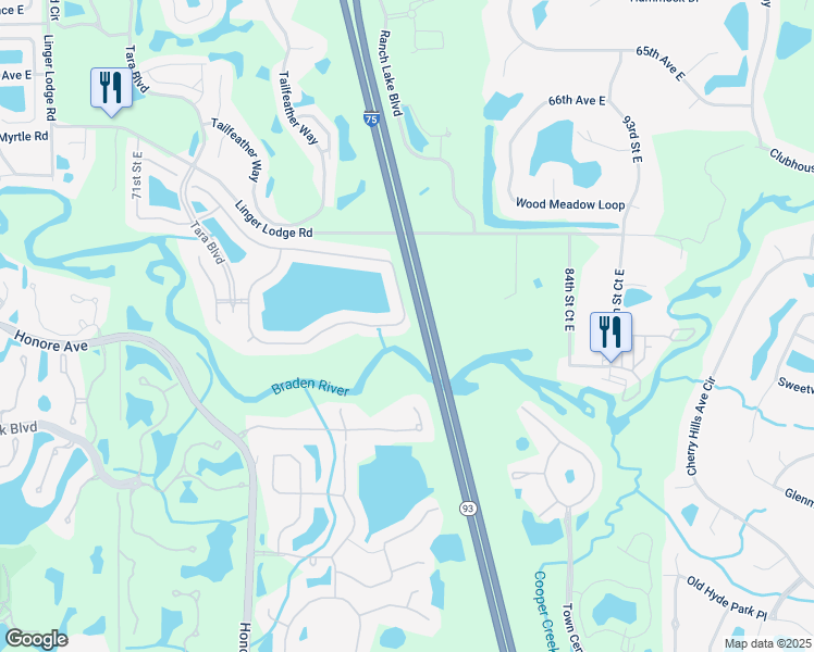 map of restaurants, bars, coffee shops, grocery stores, and more near 6965 74th Street Circle East in Bradenton