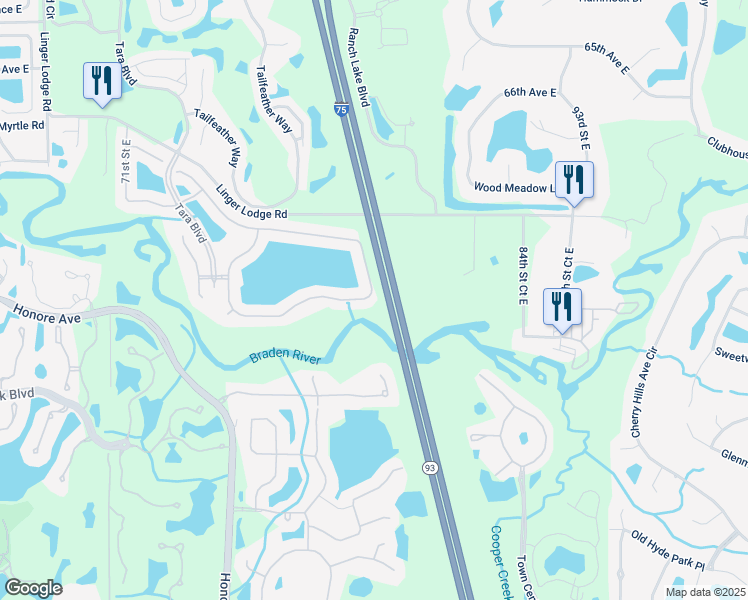 map of restaurants, bars, coffee shops, grocery stores, and more near 6965 74th Street Circle East in Bradenton