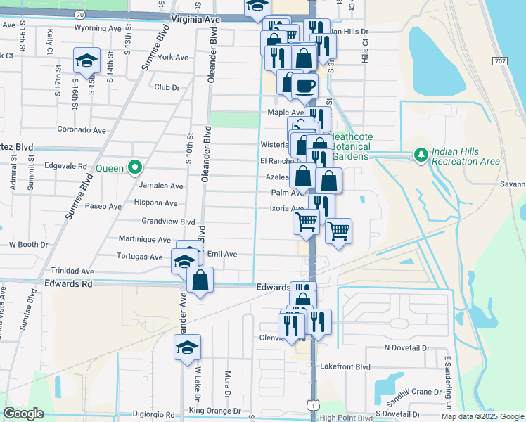 map of restaurants, bars, coffee shops, grocery stores, and more near 701 Palm Avenue in Fort Pierce