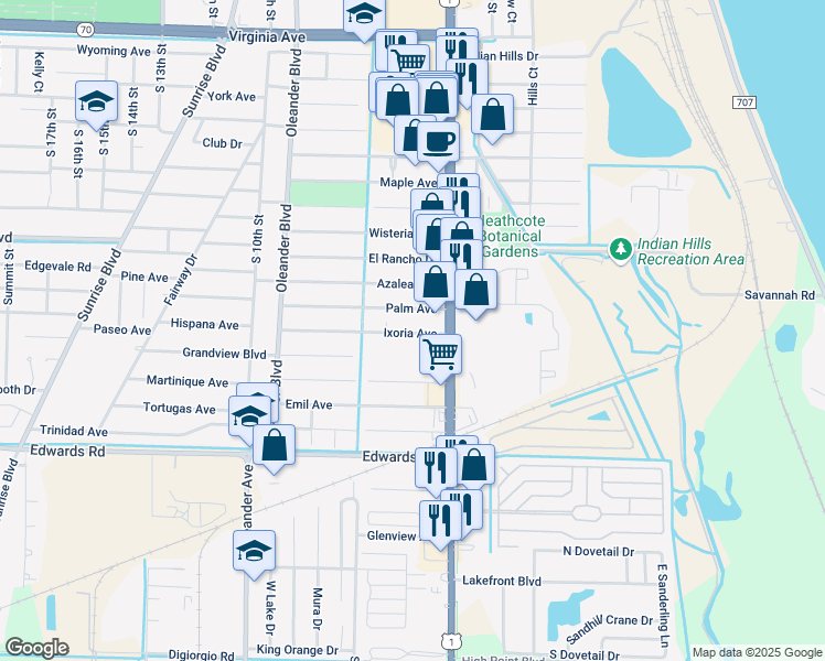 map of restaurants, bars, coffee shops, grocery stores, and more near 517 Palm Avenue in Fort Pierce