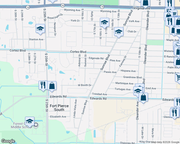 map of restaurants, bars, coffee shops, grocery stores, and more near 2950 Summit Street in Fort Pierce