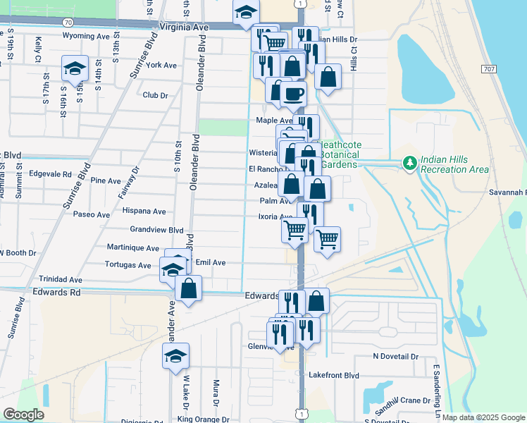 map of restaurants, bars, coffee shops, grocery stores, and more near 517 Palm Avenue in Fort Pierce