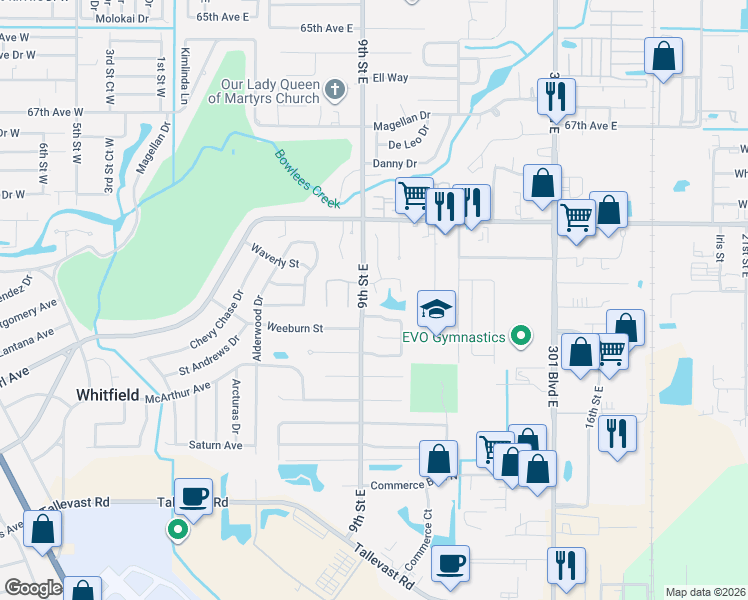 map of restaurants, bars, coffee shops, grocery stores, and more near 910 70th Drive East in Sarasota